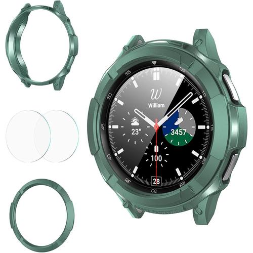 3 En 1 Accessoires Pour Samsung Galaxy Watch 4 Classic 42mm 46mm, 1 Étui Protecteur Coque En Tpu + 2 Verre Trempé Films Protection Écran + 1 Bezel Styling Pour Galaxy Watch4 Series Vert, 42mm