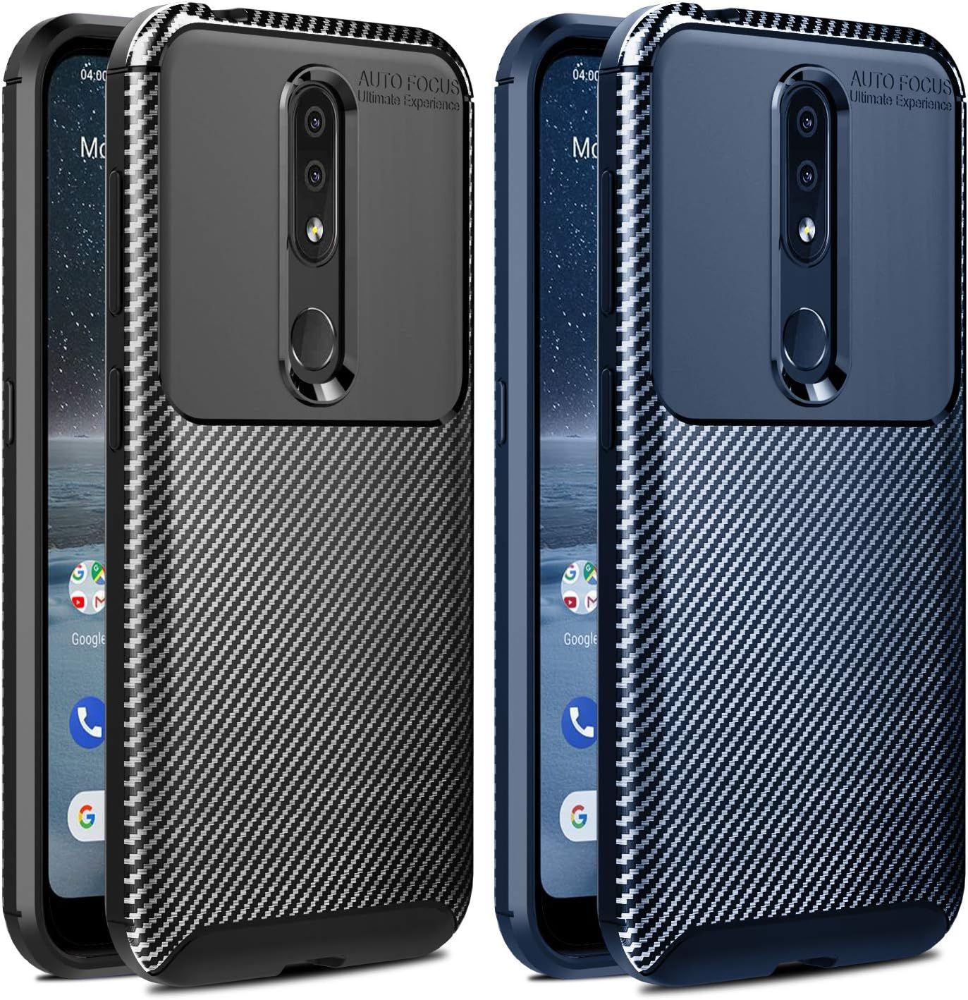 2 Unités Coque Pour Nokia 4.2, Fibre De Carbone Coque Bumper En Gel Tpu Souple Et Léger Avec Absorption Des Chocs Noir+Bleu