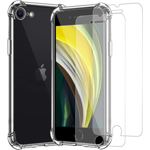 Coque Et Verre Trempé Pour Iphone Se 2020/8 7,Coque Iphone8/Iphone7 Transparente+2pack Verre Trempé Film Protection Écran,Souple Tpu Housse Etui,Shock-Absorption:4,7 Pouces