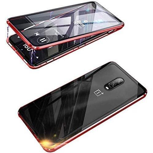 Coque Pour Oneplus 6t/Oneplus 7 Cover 360 Degrés Protection Durable Étui Magnétique Adsorption Flip Case Métal Bumper Frame Ultra Mince Housse Transparent Avant Et Arrière Verre Trempé Cover,Rouge