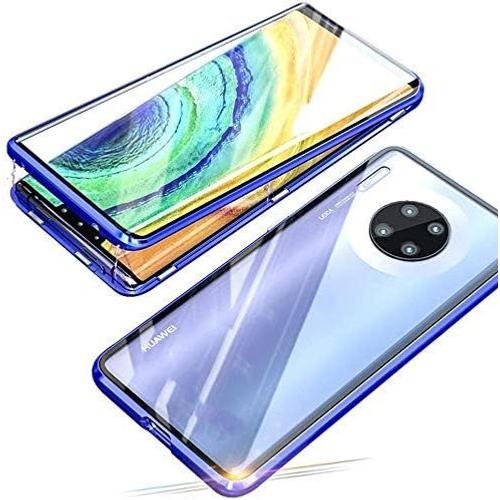 Coque Magnétique Pour Huawei Mate 30 Adsorption Magnétique Housse,360 Degrés Antichoc Avant Et Arrière Transparent Verre Trempé Métal Frame Cover Case- Bleu