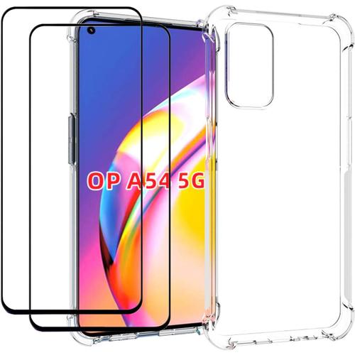 Coque Pour Oppo A54 5g Avec 2 Pièces Verre Trempé Protection Écran, Transparente Souple Tpu Quatre Coins Renforcé Anti-Choc Étui Cas