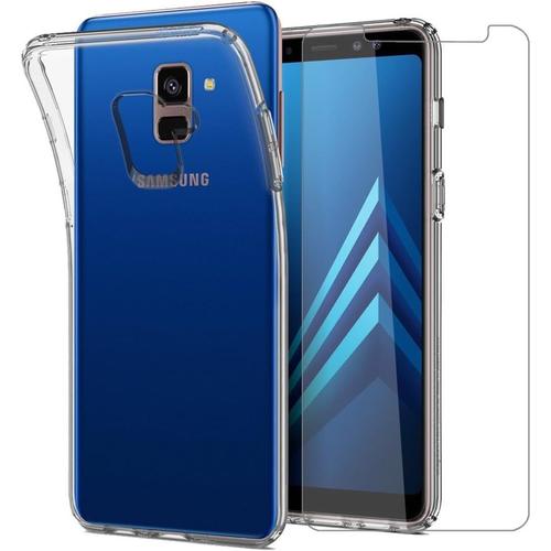 Coque Galaxy A8 2018 Transparente Avec Verre Trempé Écran Protecteur Souple Silicone Étui Protection Bumper Housse Tpu Gel Case Cover Pour Samsung Galaxy A8 2018