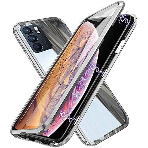 Coque Pour Oppo Reno 6 5g 6,43"" , Adsorption Magnétique Coque Avant Et Arrière Verre Trempé Case Cover Bumper Métal Frame Cover 360 Degrés Antichoc Ultra Mince Etui Housse, Argent