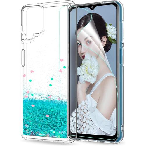 Coque Pour Samsung Galaxy A12 Avec Protection Écran, Fille Personnalisé Liquide Paillette Transparente Silicone Gel Tpu Antichoc Kawaii Etui Housse Pour Samsung A12 Turquoise