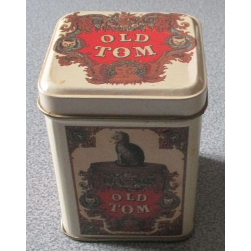 Boite métallique vintage décorée chats style rétro années 50 avec mention Old Tom-fond beige-tons rouge et marron-avec couvercle-9x6.5cm-ancienne mais jamais utilisée
