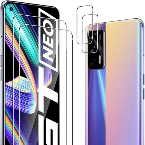 Verre Trempé Compatible Avec Realme Gt 5g/Realme Gt Neo 5g/Realme X7 Max 5g, 2 Pièces Protecteur D'écran + 2 Pièces Caméra Arrière Protecteur, Sans Bulles Anti Rayures Protection Écran