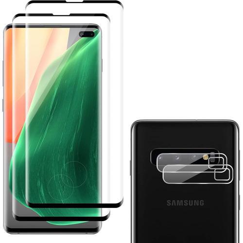 Verre Trempé Pour Samsung Galaxy S10 Plus, 2 Pièces Écran Verre Trempé + 2 Pièces Caméra Arrière Protecteur, Ultra Claire, Film Protecteur Pour Samsung S10+