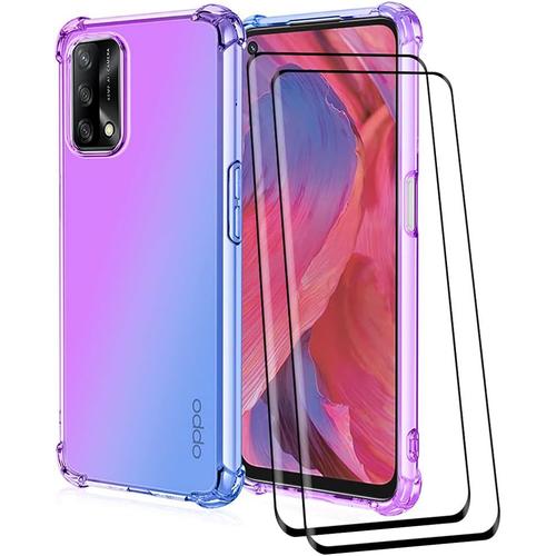 Coque En Coloré Pente Pour Oppo A74 4g Version , Translucide Tpu Silicone Etui Avec Antichoc Bumper Avec 2 Pièces Protecteur D'écran Ecran Film Protection - Bleu-Violet