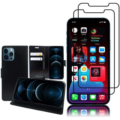 Étui Et Verre Trempé Écran Pour Apple Iphone 12 Pro 6.1"" Etui Portefeuille Support Video Cuir Pu Noir+2 Films Verre Trempé Noir