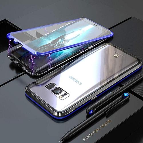 Coque Samsung Galaxy S8 Plus, Coque À Absorption Magnétique Cadre Métallique Verre Trempé Avant Et Arrière Coque Slim Fit Ultra Légère À 360°, Pour Galaxy S8 Plus Coque Bleu