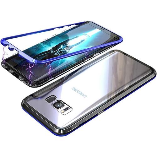 Coque Samsung Galaxy S7 Edge, Technologie D'adsorption Magnétique Forte, Cadre En Métal, Anti Rayures, Coque Arrière En Verre Trempé Transparent, Coque Arrière Magnétique Pour Samsung Galaxy S7 Edge, Bleu Et Noir