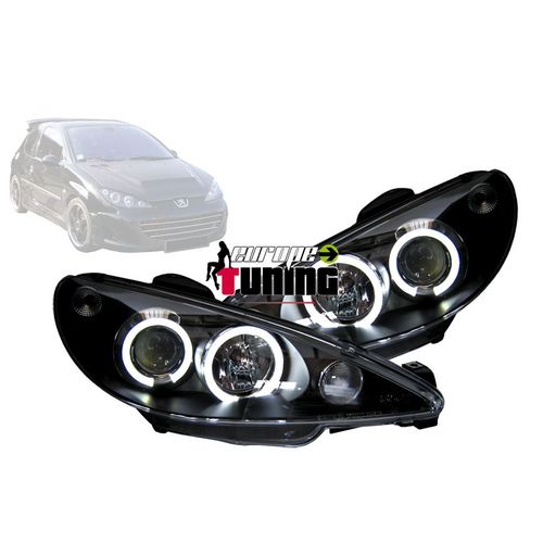 Phares Feux Avants Noirs Angel Eyes Anneaux Led Peugeot 206 1998-2002 Prise H4