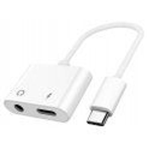 DLH - USB-C vers jack de casque / adaptateur de charge - 24 pin USB-C mâle pour USB-C (alimentation uniquement), prise audio de 3,5 mm femelle - 11 cm - blanc