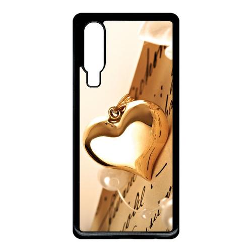 Coque Pour Smartphone - Coeur D'or Sur Livre - Compatible Avec Huawei P30 - Plastique - Bord Noir