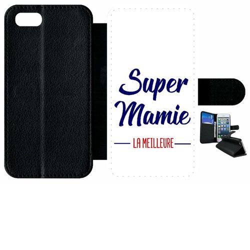 Etui A Rabat - Super Mamie La Meilleure Fond Blanc - Compatible Avec Apple Iphone 7 - Simili-Cuir - Bord Noir