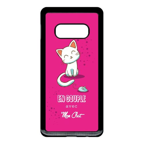 Coque Pour Smartphone - En Couple Avec Mon Chat Fond Rose - Compatible Avec Samsung Galaxy S10e - Plastique - Bord Noir