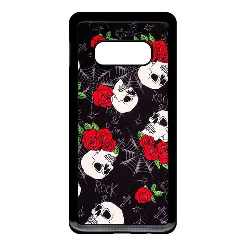Coque Pour Smartphone - Tete De Mort Toile Rose Rock - Compatible Avec Samsung Galaxy S10e - Plastique - Bord Noir