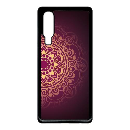 Coque Pour Smartphone - Oriental Fond Mauve Et Or - Compatible Avec Huawei P30 - Plastique - Bord Noir