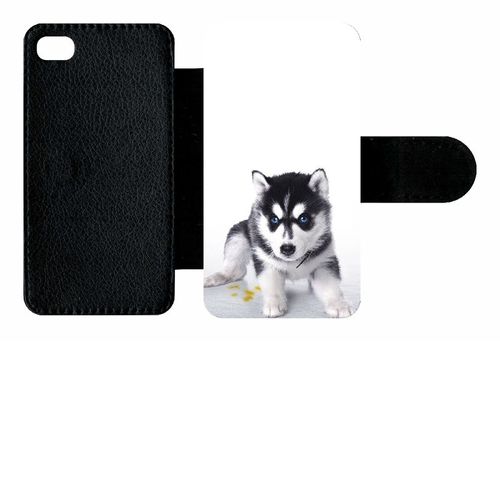 Etui A Rabat - Bebe Chien Husky - Compatible Avec Apple Iphone 4s - Plastique - Bord Noir