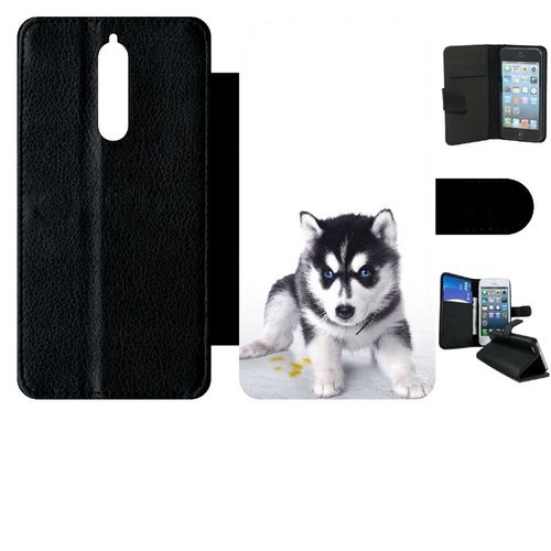 Etui A Rabat - Bebe Chien Husky - Compatible Avec Nokia 8 - Plastique - Bord Noir