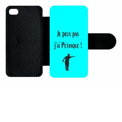 Etui A Rabat - Je Peux Pas J Ai Petanque Turquoise - Compatible Avec Apple Iphone 4s - Simili-Cuir - Bord Noir