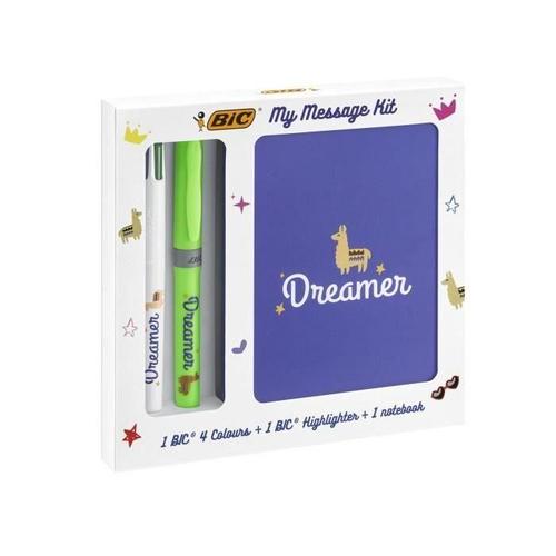 Bic My Message Kit Dreamer - Kit De Papeterie Avec 1 Stylo-Bille Bic 4 Couleurs-1 Surligneur Bic Highlighter Grip Vert-1 Carnet De N