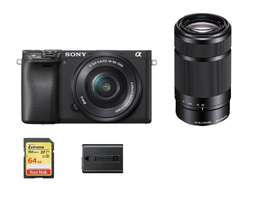 SONY A6400 hybride 24.2 mpix + objectif SONY SEL 16-50MM F3.5-5.6 OSS + objectif SONY SEL 55-210MM F4.5-6.3 OSS+64GB SD card + NP-FW50 Battery