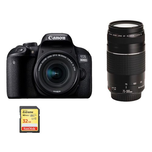 CANON EOS 800D reflex 24.2 mpix + objectif KIT EF-S 18-55mm F4-5.6 IS STM + objectif EF 75-300mm F4-5.6 III + 32G SD card