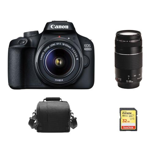 CANON EOS 4000D reflex 18 mpix + objectif KIT EF-S 18-55MM F3.5-5.6 III + objectif EF 75-300MM F4-5.6 III + 32GB SD card + camera Bag