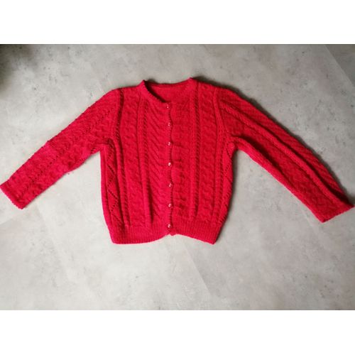 Gilet Rouge Tricoté Main 6/12 Ans