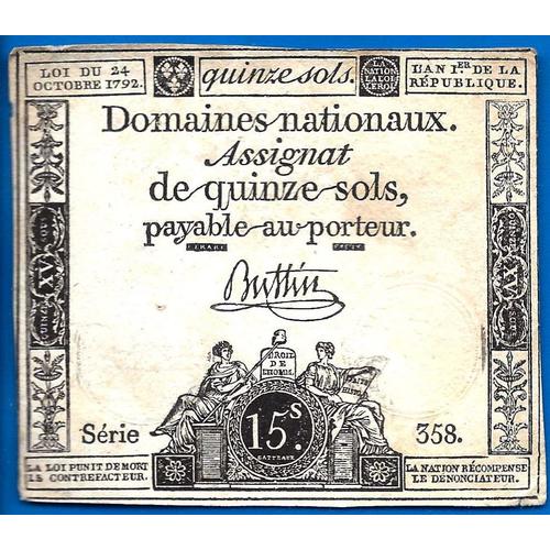 France Assignat 15 Sols 1792 An 1 De La République Signature Buttin