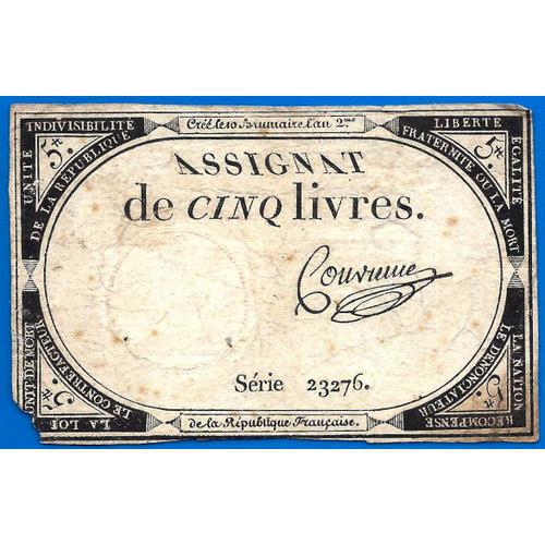 France Assignat 5 Livres 1792 An 2 De La République Signature Couvreme