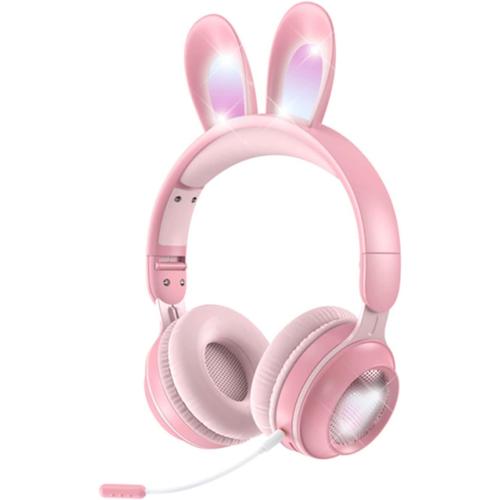 Écouteur d'oreille Bunny sans Fil avec Micro, Mignon Jeu stéréo RVB Pliable AUX 3,5 mm Carte Over-Soresets Fit Kids Girls Gamer Streamer Pink