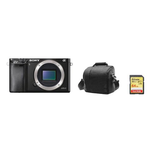 Sony A6000 hybride 24.3 mpix Boîtier nu Noir + 64GB SD card + camera Sac