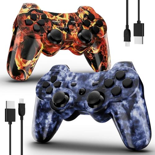 Manette Pour Ps3 Sans Fil, Haute Performance Controller De Jeu Avec Double Shock, Six Axes, Câbles De Chargement Usb, Manettes Ergonomique Compatible Avec Ps3(Flammes & Brume Violette)