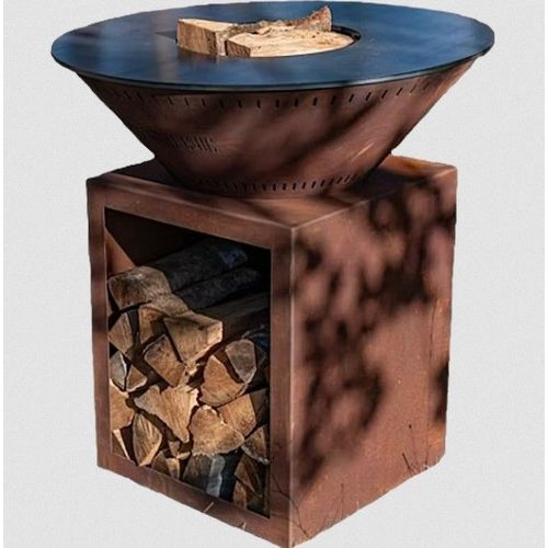 PACK PRINTEMPS Braséro plancha avec meuble range bois Le Classique DOUBLE CUVE en corten 80x90 Barbecue d'extérieur Grill'Chic