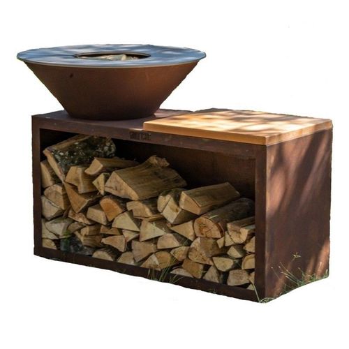PACK PRINTEMPS Braséro plancha avec meuble range bois Le Traditionnel en corten 80x90 Barbecue d'extérieur Grill'Chic