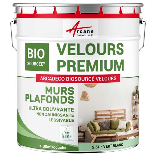 Peinture mur et plafond satin velours biosourcée Vert Blanc - RAL 6019 2.5 L (+ ou - 30m² par couche)