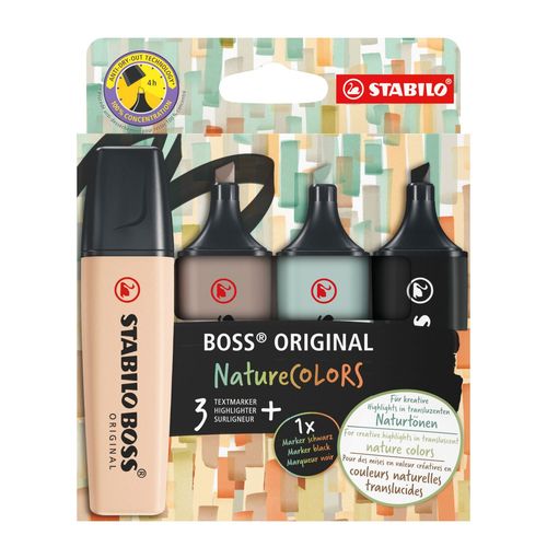 Surligneurs - Stabilo Boss Original Naturecolors - 4 Teintes - Beige, Gris, Vert Et Noir