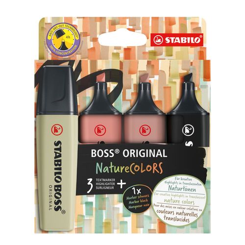 Surligneurs - Stabilo Boss Original Naturecolors - 4 Teintes - Marron, Orange, Vert Et Noir