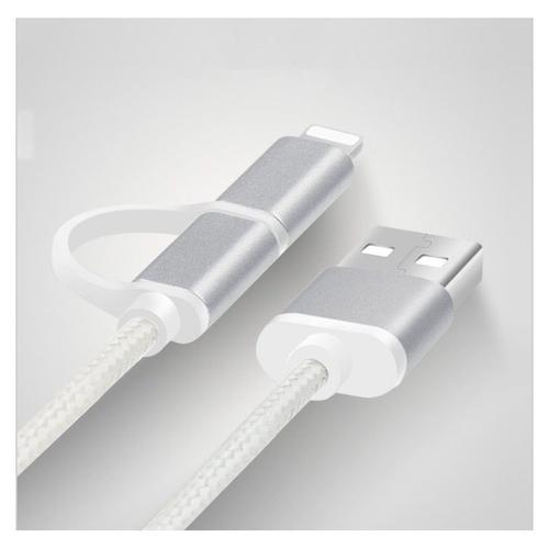 Câble 2 en 1 Pour HTC One A9 Android & Apple Adaptateur Micro USB Lightning 1m Metal Nylon ARGENT