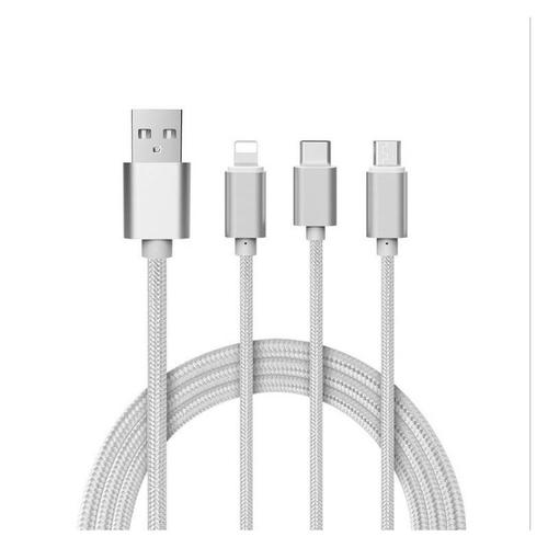 Câble 3 en 1 Pour HTC One A9 Android, Apple & Type C Adaptateur Micro USB Lightning 1,5m Metal Nylon - ARGENT