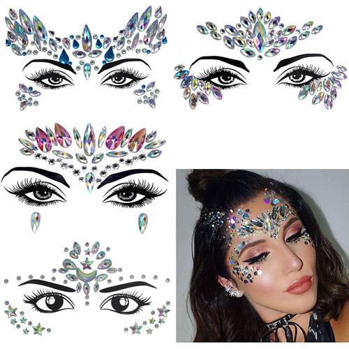 Autocollant De Visage 4 Pcs Gemmes Du Visage Strass Autocollant,Gemmes De Visage Bijoux Autocollants Strass Bijoux Strass Pour Festivals Décorations Tatouages Temporaires Pour Le Corps Auto-Adhésif 