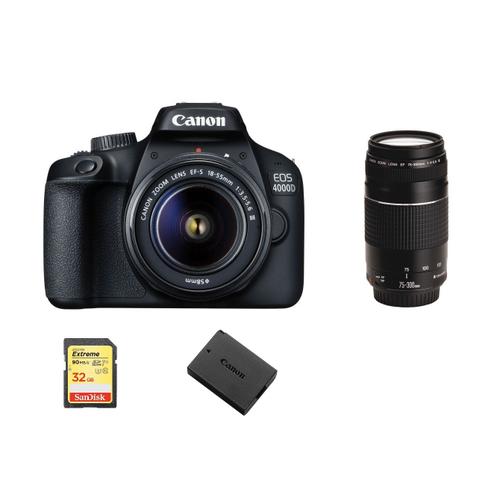 CANON EOS 4000D reflex 18 mpix + objectif KIT EF-S 18-55MM F3.5-5.6 III + objectif EF 75-300MM F4-5.6 III + SD 32Go + LP-E10 Batterie