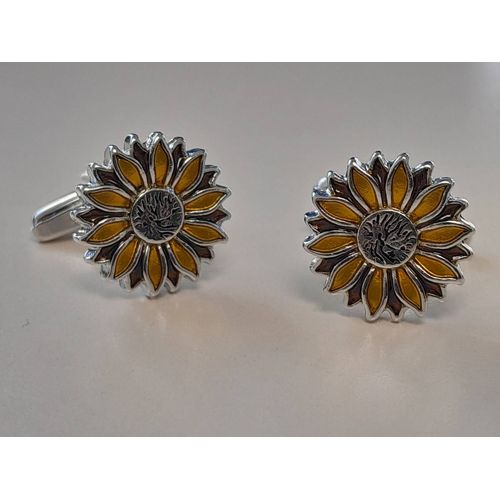 Boutons De Manchettes En Forme De Fleur De Couleurs Argentée Jaune Et Noir Pour Du Style Et De L'élégance...