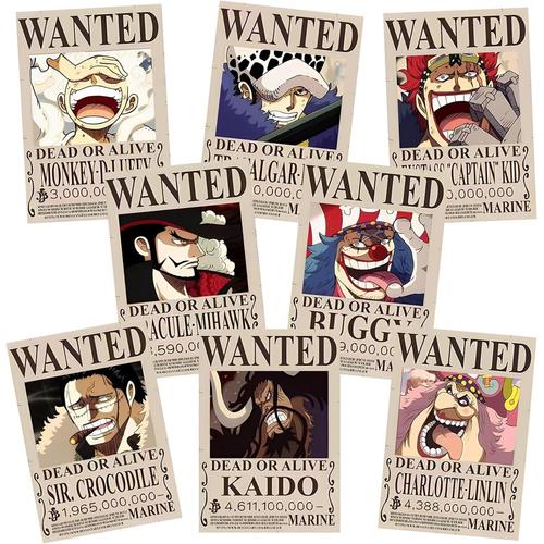 8 Pièces One Piece posters animés édition One Piece Wanted Chapeau de paille Pirate Nika Ruffy Gear 5, Zoro, Robin, Nami, Sanji, Brook, God Usopp, Chopper Wanted Decor Poster- 4060 cm