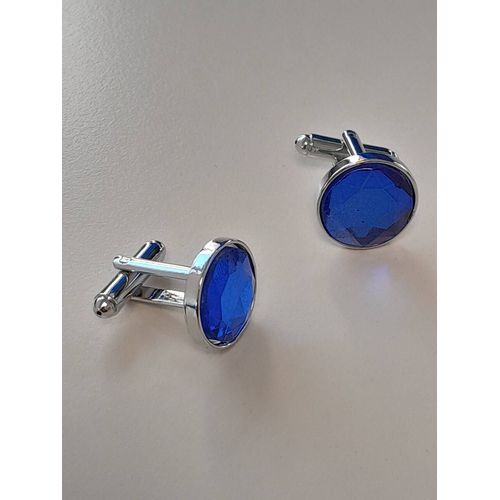 Boutons De Manchettes En Forme De Disque Avec Pierre De Couleurs Argentée Et Bleu Pour Du Style Et De L'élégance...