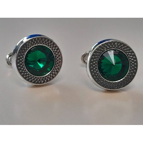 Boutons De Manchettes En Forme De Disque Avec Pierre De Couleurs Argentée Et Vert Pour Du Style Et De L'élégance...