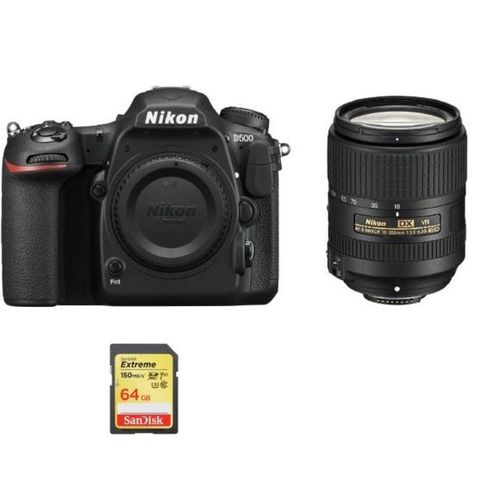 NIKON D500 reflex 20.9 mpix + objectif AF-S 18-300mm F3.5-6.3G ED VR + 64GB SD card